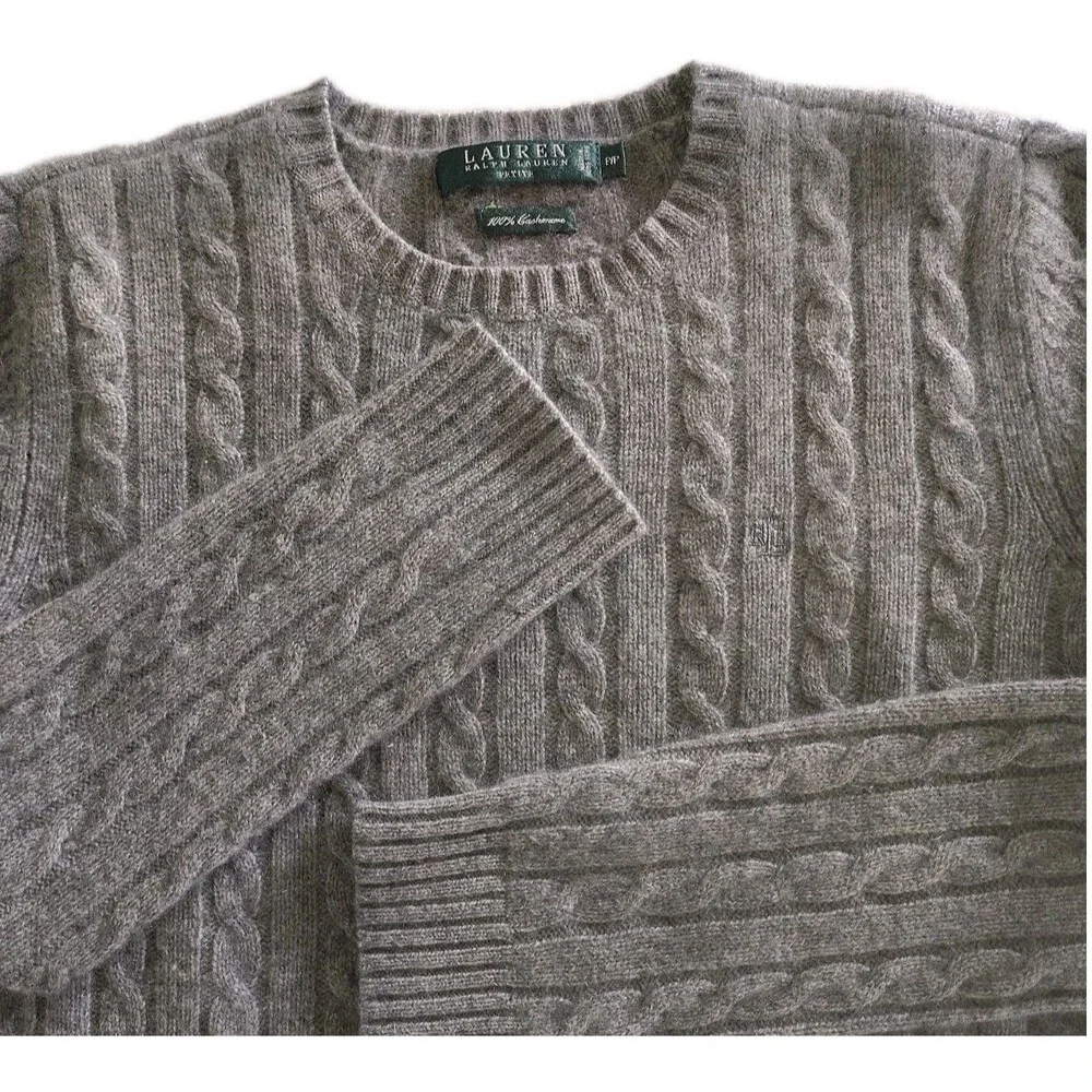 Lauren Ralph Lauren Petite P/P 100% Cashmere Cable Knit Sweater Gray Hand Wash